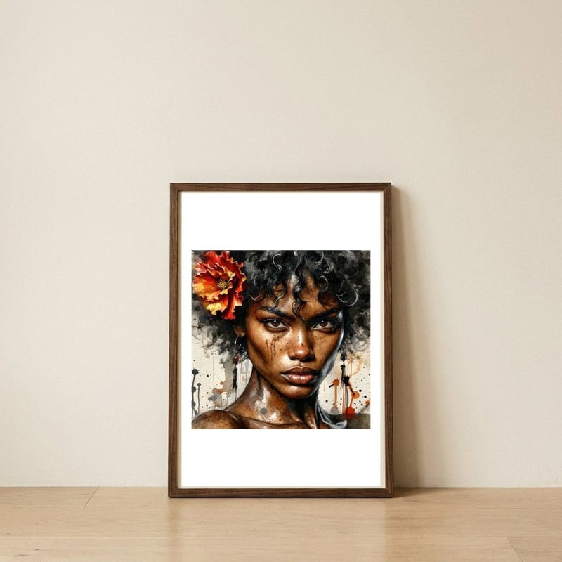 crimson-blossom-flamenco-portrait — framed, leaning against the wall