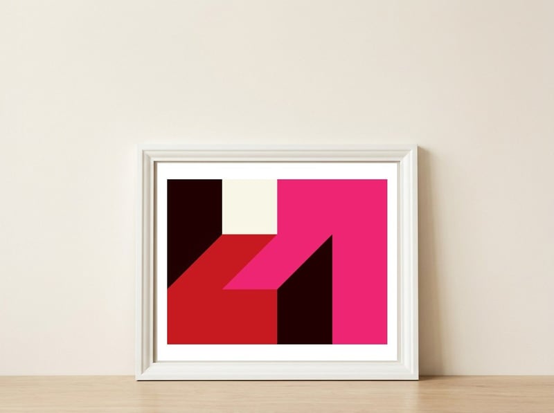 Geometric Shapes No. 62 - red, magenta & black — framed, leaning against the wall