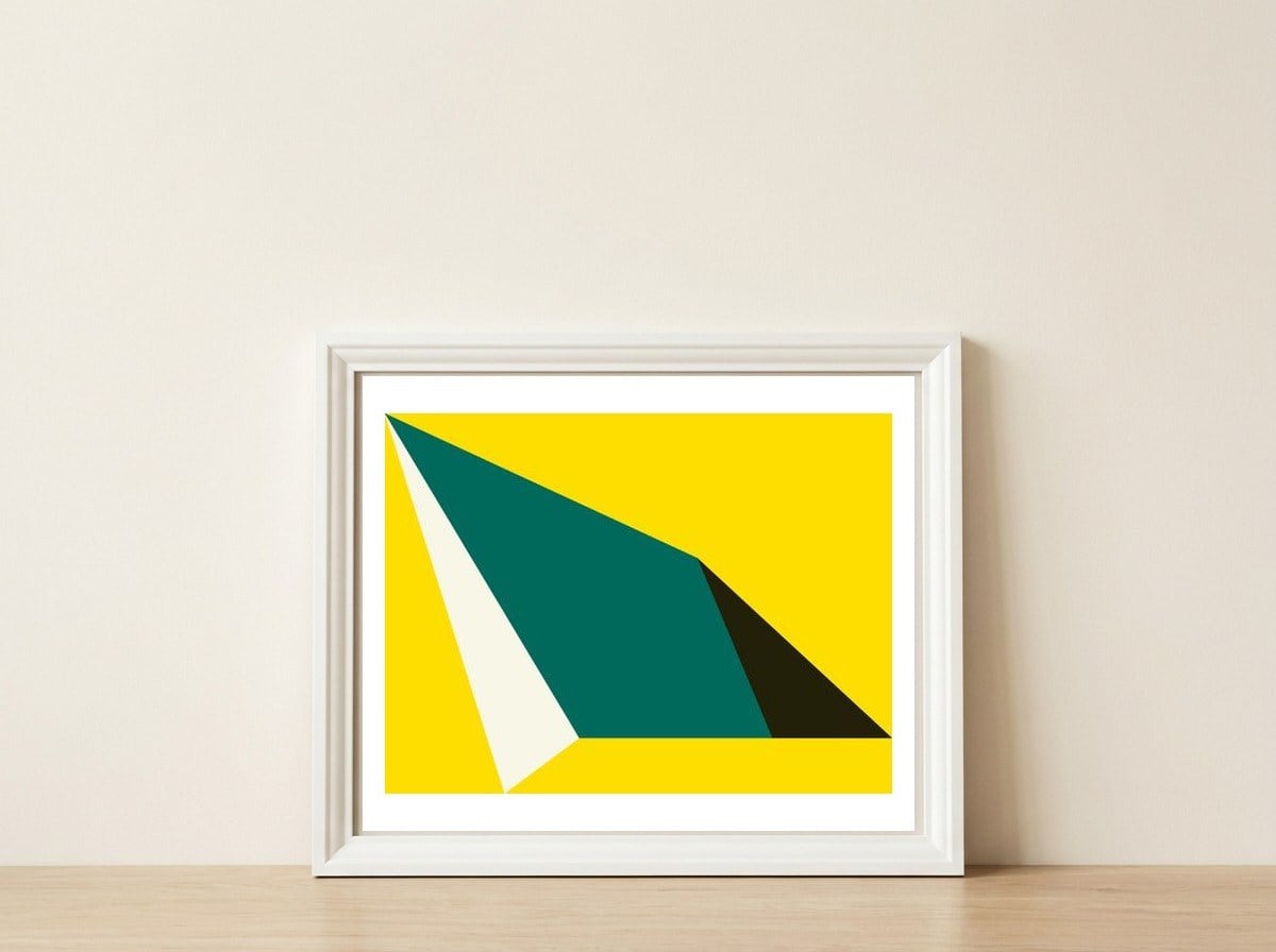 Geometric Shapes No. 74 - yellow, green & black — framed, leaning against the wall