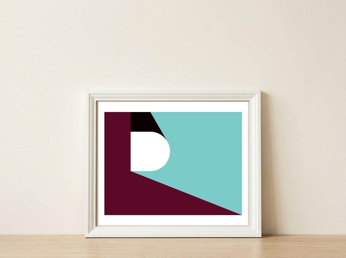 Geometric Shapes No. 82 - purple & teal — framed, leaning against the wall