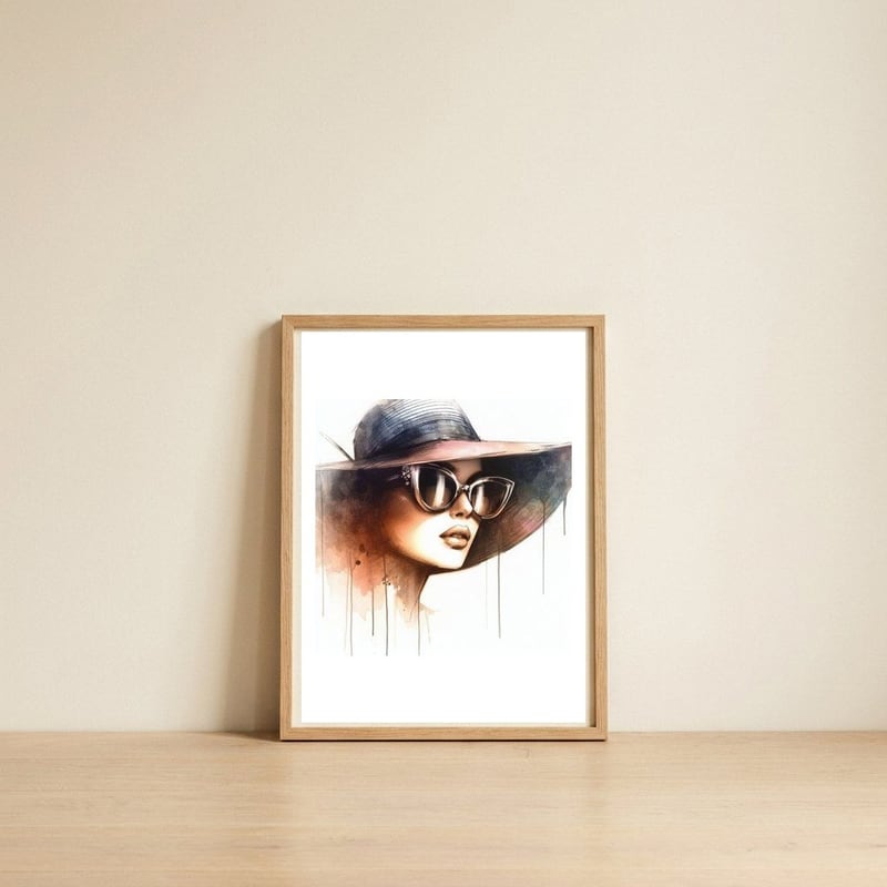 elegant-wide-brim-sunglasses-portrait — framed, leaning against the wall