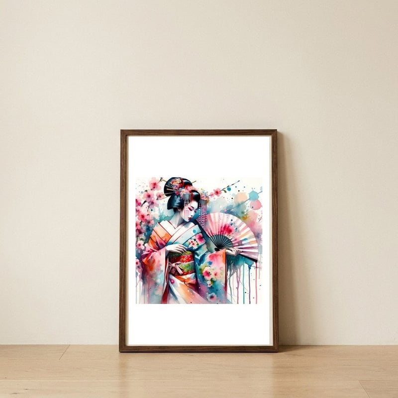 serene-geisha-with-folding-fan — framed, leaning against the wall