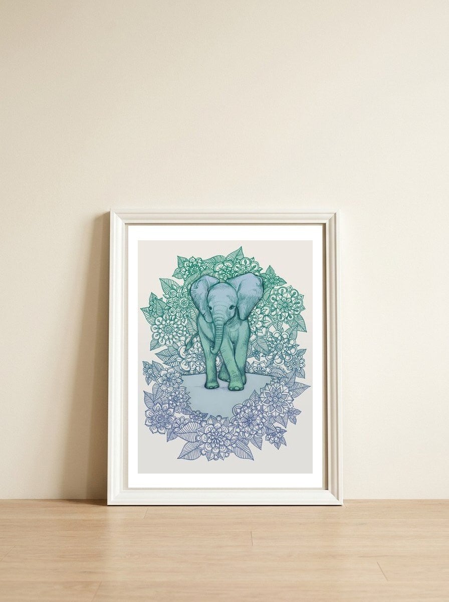 Emerald Elephant in the Lilac Evening — framed, leaning against the wall