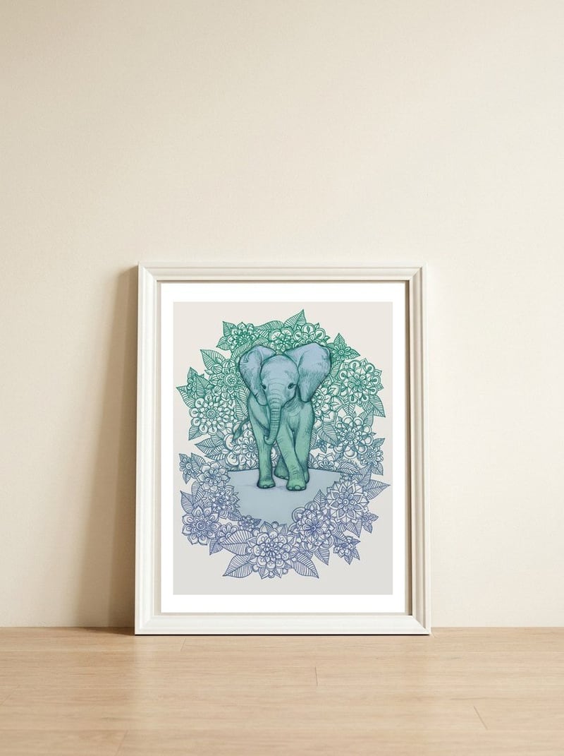 Emerald Elephant in the Lilac Evening — framed, leaning against the wall