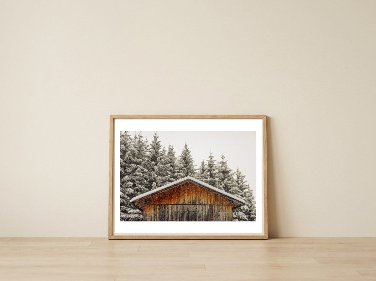 Wooden shed with snow — framed, leaning against the wall