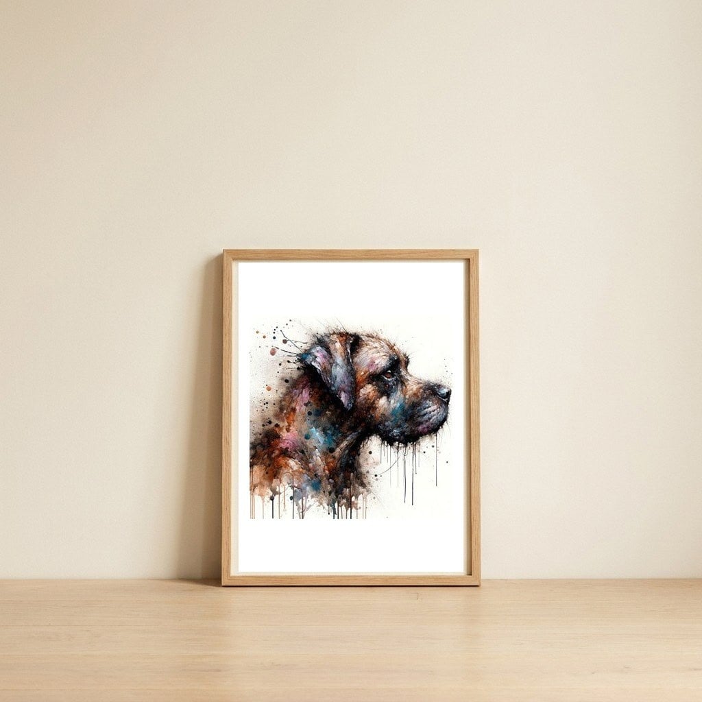 expressive-dog-profile-portrait — framed, leaning against the wall