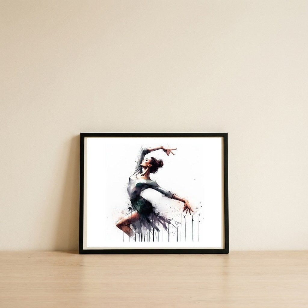 ballet-dancer-in-a-weightless-leap — framed, leaning against the wall
