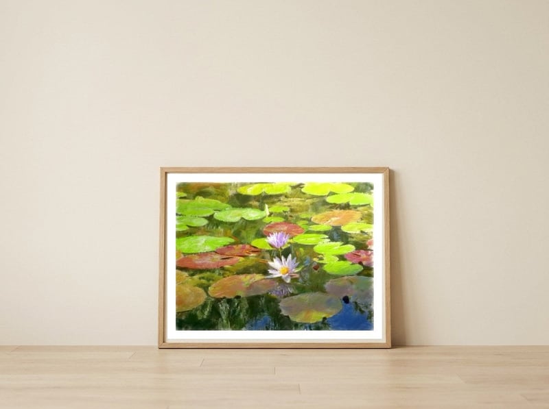 Floating in the water — framed, leaning against the wall