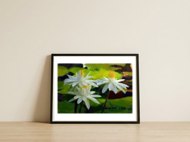 Water Lilies — framed, leaning against the wall