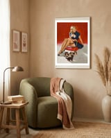 Pinup Sexy Girl Playing With Her Little Cats framed in a tender room thumbnail