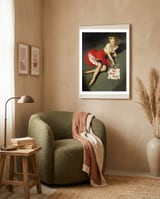 Pinup Sexy Girl Posing In Red Dress framed in a tender room thumbnail