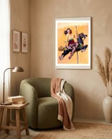 Pinup Sexy Girl Riding A Wooden Horse framed in a tender room thumbnail