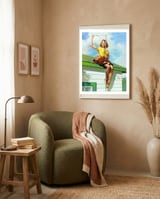 Pinup Sexy Girl Setting Up The Antenna On The Roof framed in a tender room thumbnail