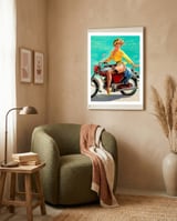 Pinup Sexy Motorcycle Girl framed in a tender room thumbnail