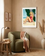 Sexy Pinup Girl On The Beach Under Big Sunshade framed in a tender room thumbnail