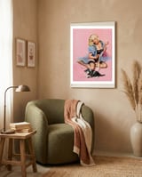 Sexy Pinup Girl Playing With Her Cat framed in a tender room thumbnail