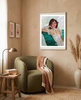 Girl Is Resting On A Green Bench, Watercolor Painting framed in a tender room thumbnail