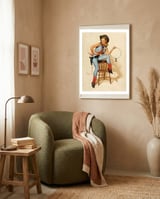 Pinup Cowgirl With A Key framed in a tender room thumbnail