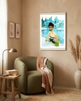 Pinup Girl In Cafe, Watercolor Painting framed in a tender room thumbnail