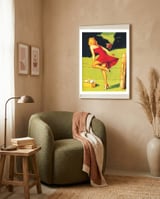 Pinup Girl In Red Dress Crossing The Barbed Wire While Looking At The Bull framed in a tender room thumbnail