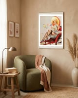Pinup Girl In Rickshaw Experiencing Sudden Wind framed in a tender room thumbnail