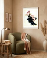 Pinup Girl Posing In Black Dress framed in a tender room thumbnail