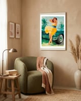 Pinup Girl Posing In Front Of The Car framed in a tender room thumbnail