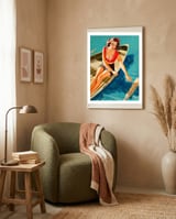 Pinup Sexy Girl In A Boat And A Lost Paddle framed in a tender room thumbnail