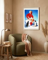 Pinup Sexy Woman Posing With Two Penguins framed in a tender room thumbnail