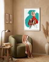 Sexy Pinup Girl In Red Dress Posing On a Ladder framed in a tender room thumbnail
