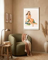Sexy Pinup Woman Posing With Record Player framed in a tender room thumbnail