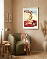 Smiling Pinup Sexy Girl On The Beach framed in a tender room thumbnail