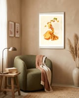 Woman Posing In Yellow Dress And Autumn Leafs framed in a tender room thumbnail