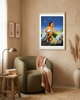 Beautiful Pinup Girl Feeding White Pigeons framed in a tender room thumbnail