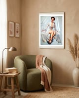 Beautiful Sexy Pinup In Posing Long White Dress framed in a tender room thumbnail