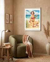 Pinup Girl Playing Ukulele On The Beach framed in a tender room thumbnail