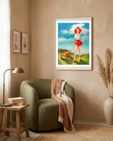 Pinup Girl In Little Red Dress And Two Dogs framed in a tender room thumbnail