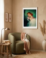 Portrait Of A Pinup Bride In White Dress And A Flower Boukuet framed in a tender room thumbnail