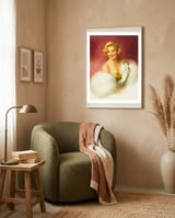Smiling Lady In White Dress framed in a tender room thumbnail