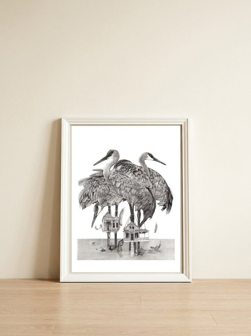 Crane Houses — framed, leaning against the wall