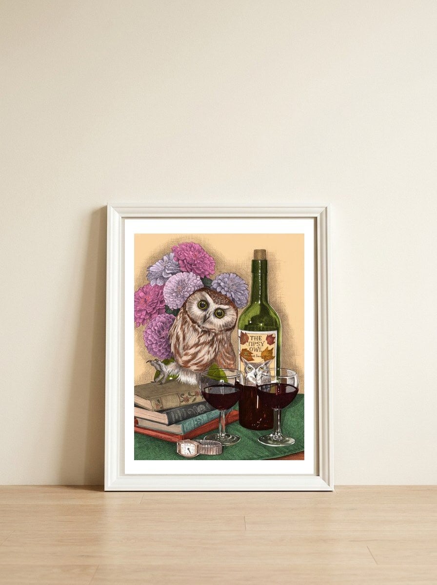 Tipsey Owl — framed, leaning against the wall