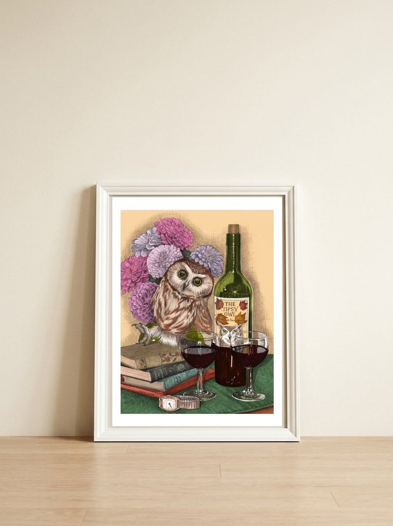 Tipsey Owl — framed, leaning against the wall