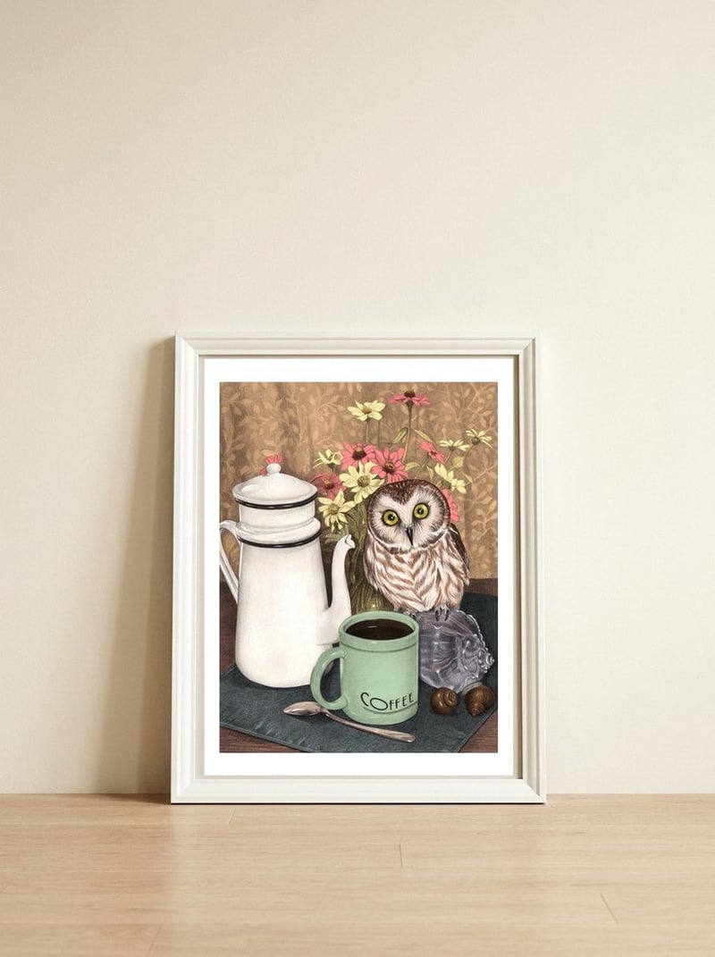 Coffee Owl — framed, leaning against the wall