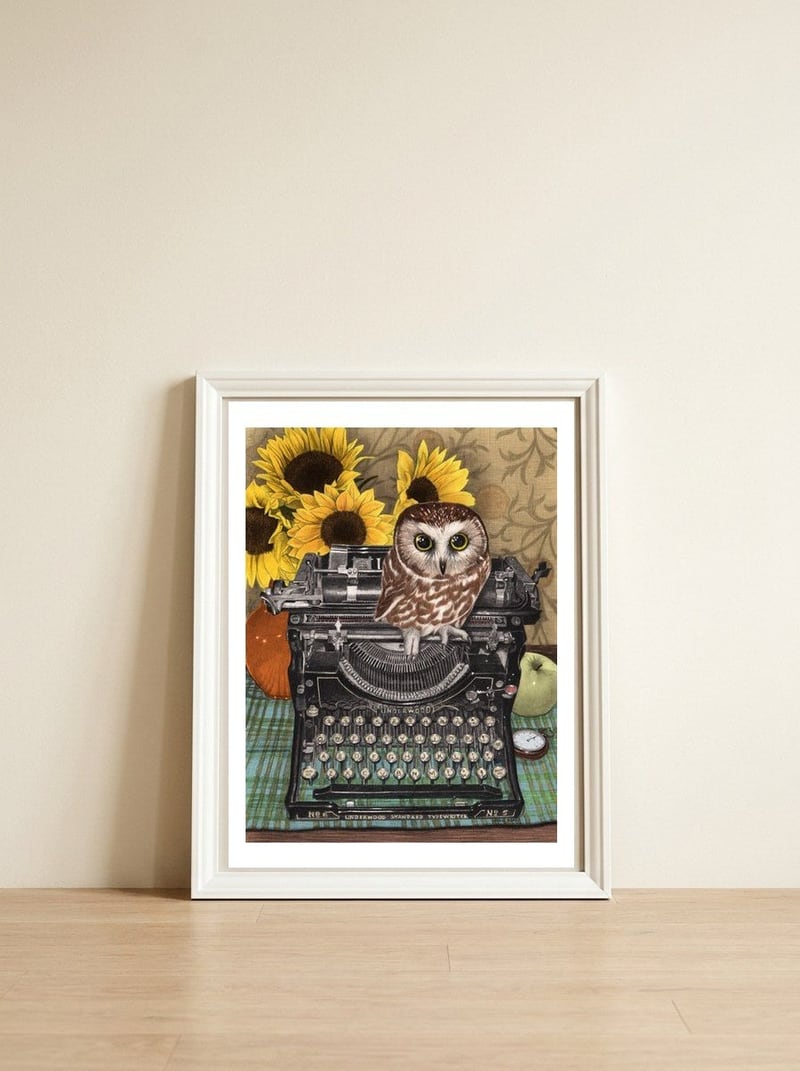 Office Owl — framed, leaning against the wall