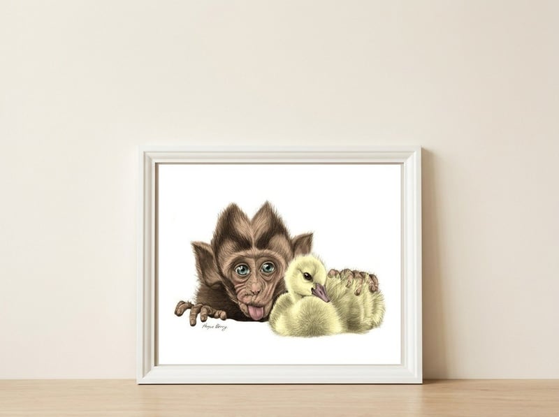 Monkey and Duckling — framed, leaning against the wall