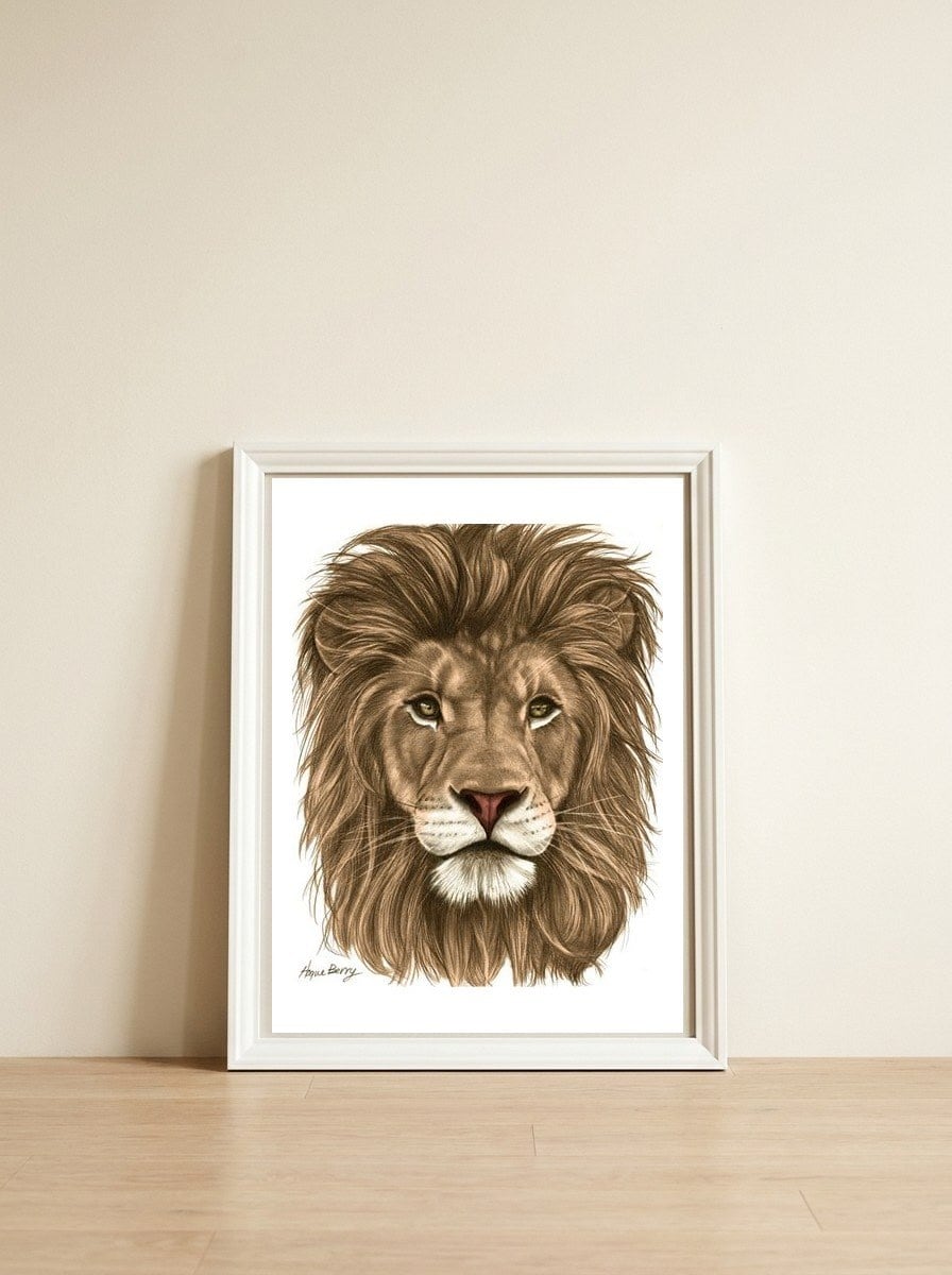 The Majestic Lion — framed, leaning against the wall