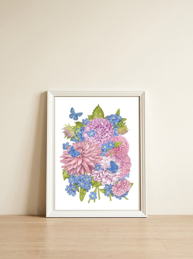 Pink Flowers and Butterflies — framed, leaning against the wall