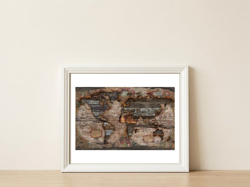 Reclaimed Map — framed, leaning against the wall