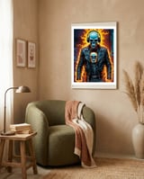 Fiery Skeleton Biker In Headphones framed in a tender room thumbnail
