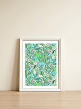 Improbable Botanical with Dinosaurs - soft pastels — framed, leaning against the wall thumbnail